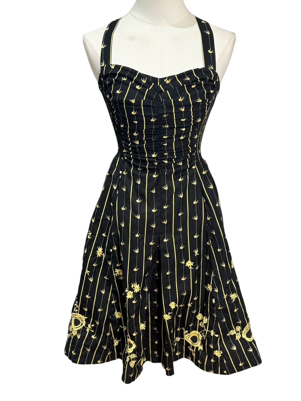 Anthropologie Moulinette Soeurs Bird & Floral Embroidered Ruched Dress Size 0 - Picture 2 of 9